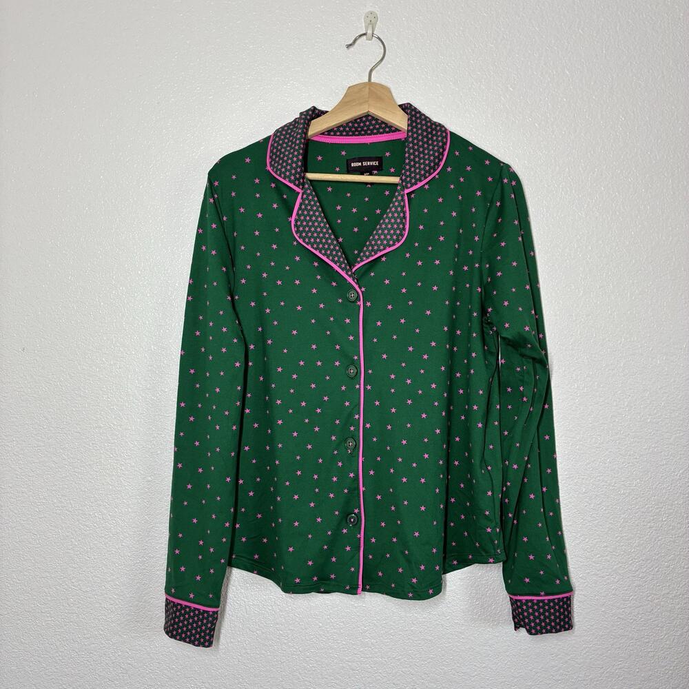 Room Service Pajama Top Womens Small Green Star Button Front Long Sleeve